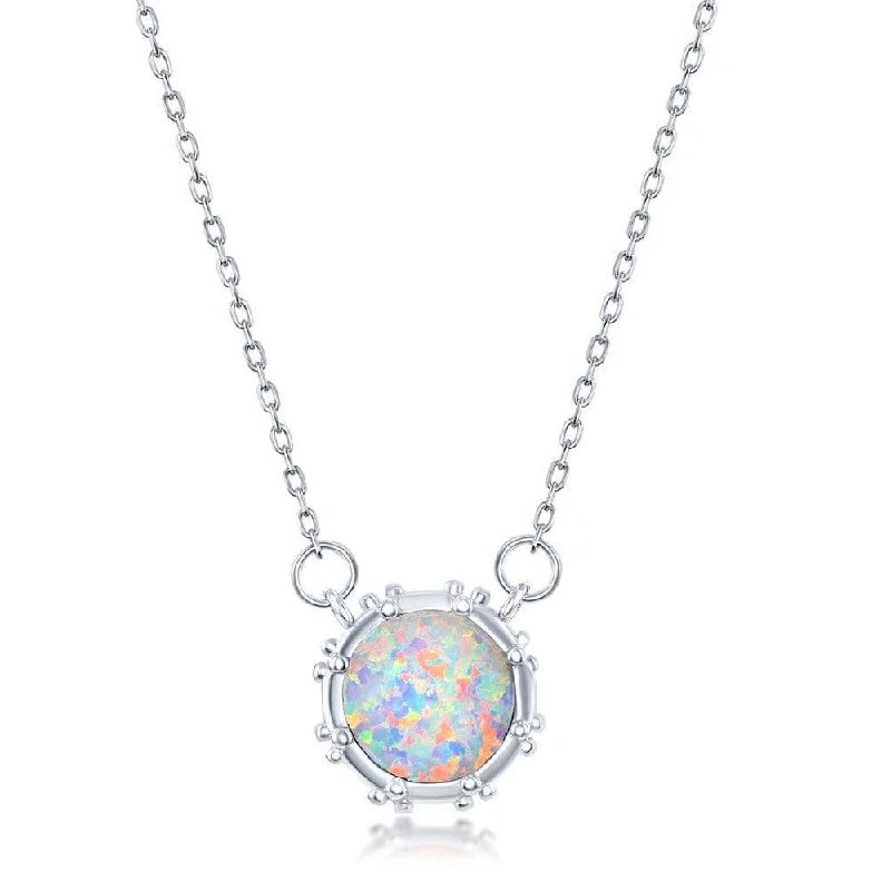 Beautiful necklaces and pendants with moon and star charms for a dreamy effect-Sterling Silver White Opal Disc with Studded Border Necklace