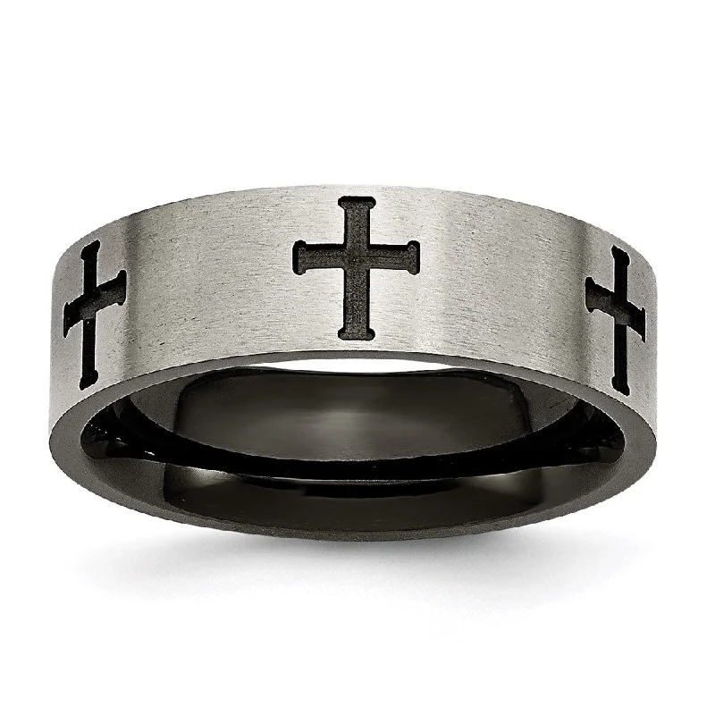 Necklaces and pendants with crescent moon designs for a celestial and mystical feel-Titanium 7mm Cross Black IP-plated Brushed & Polished Band | TB301