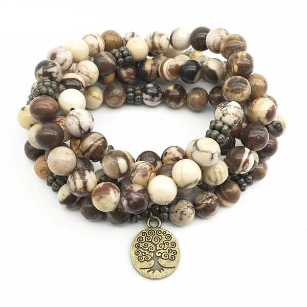 Trendy necklaces and pendants with geometric shapes for a modern aesthetic-Tree of Life Healing 108 Zebra Jasper Mala Beads